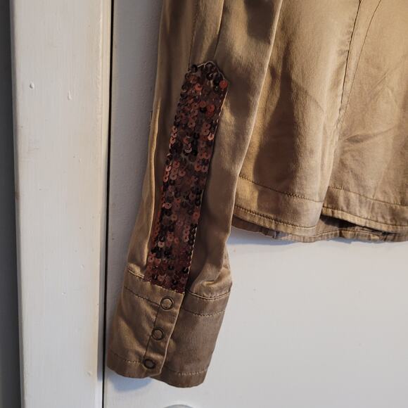 Vntg Da Nang 100% Silk Blouse Sz XS Bronze Sequin Cuff Y2K Boho Resort Wear Top - Picture 14 of 15